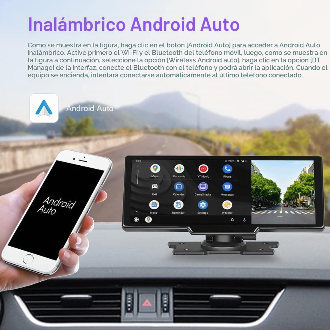 Apple CarAutoPlay inalámbrico y Android Auto Monitor de Coche con Pantalla táctil de 10" Estéreo de Coche, DVR, Autoradio en el salpicadero,Llamadas Bluetooth con cámara de visión Trasera Tarjeta 64G