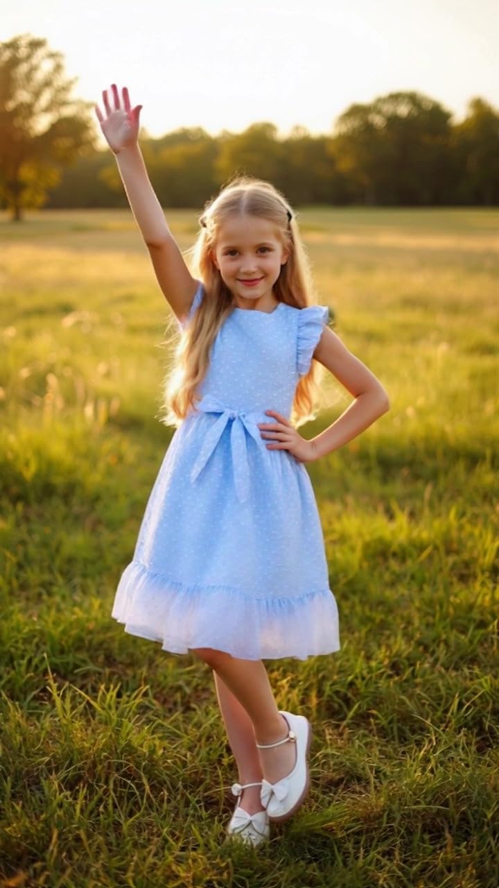 Girl Summer Dress Polka Dot Casual A-line Flutter Ruffle Sleeve Double Layer Flowy Dress 5-13 Years - Image 3