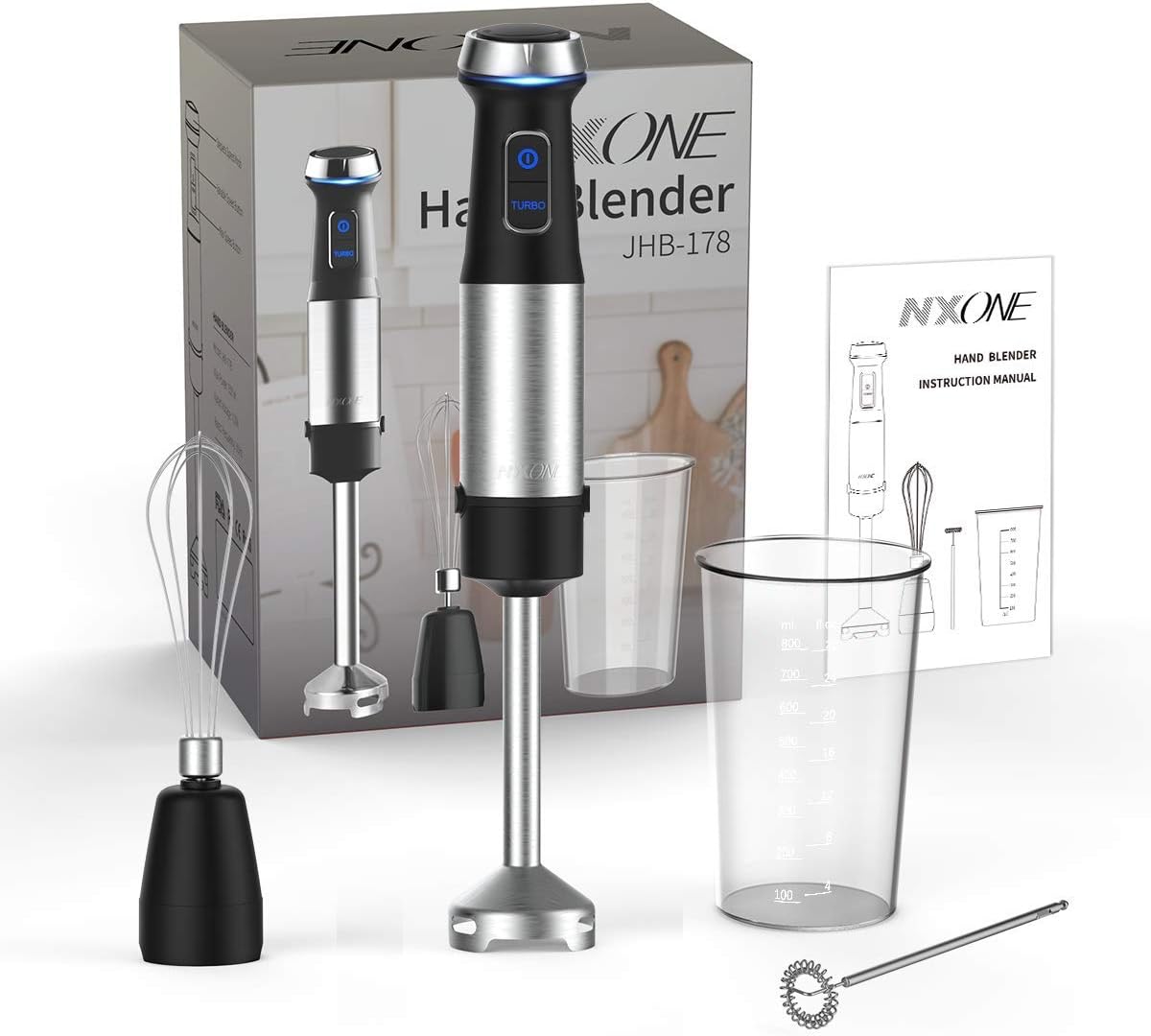 Immersion Hand Blender, Nxone 4-in-1 Variable Stepless Speed Control Multifunctional Stick Blender with Brushed Stainless Steel Blades, 800ml Mixing Beaker, Milk Frother and Egg Whisk for Smoothies, Puree Baby Food, Sauce and Soup, Black: Home & Kitchen