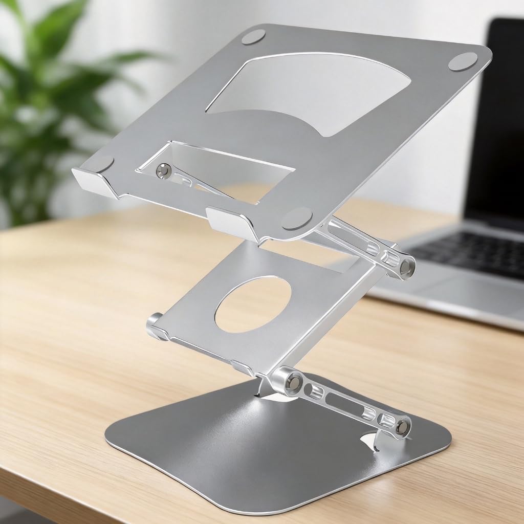 Soporte de aluminio para portátil con juntas plegables y plataforma superior abierta