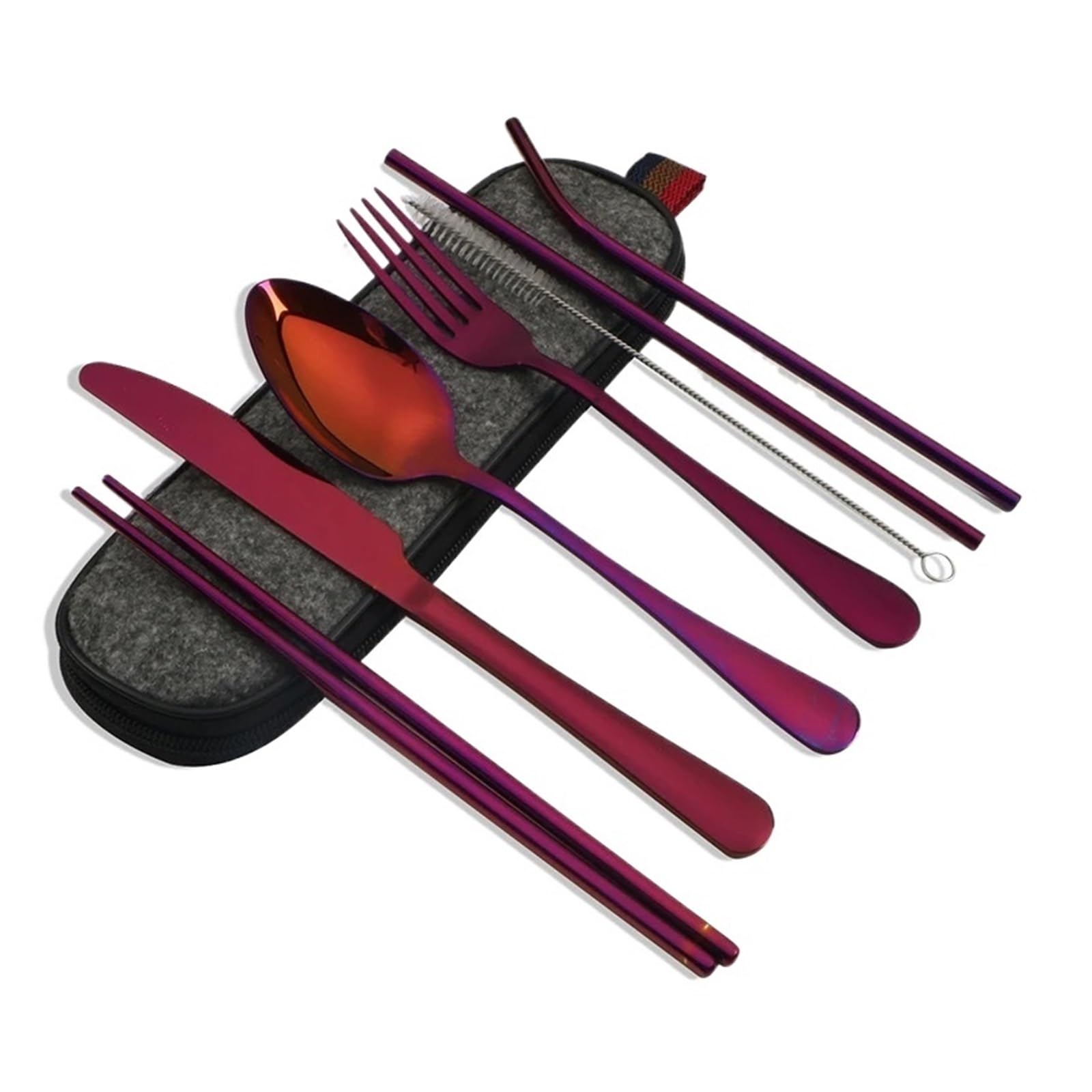 Juego de cubiertos de viaje reutilizables, 8 utensilios portátiles de acero inoxidable con cuchara, tenedor, palillos, pajitas y estuche para camping y viajes