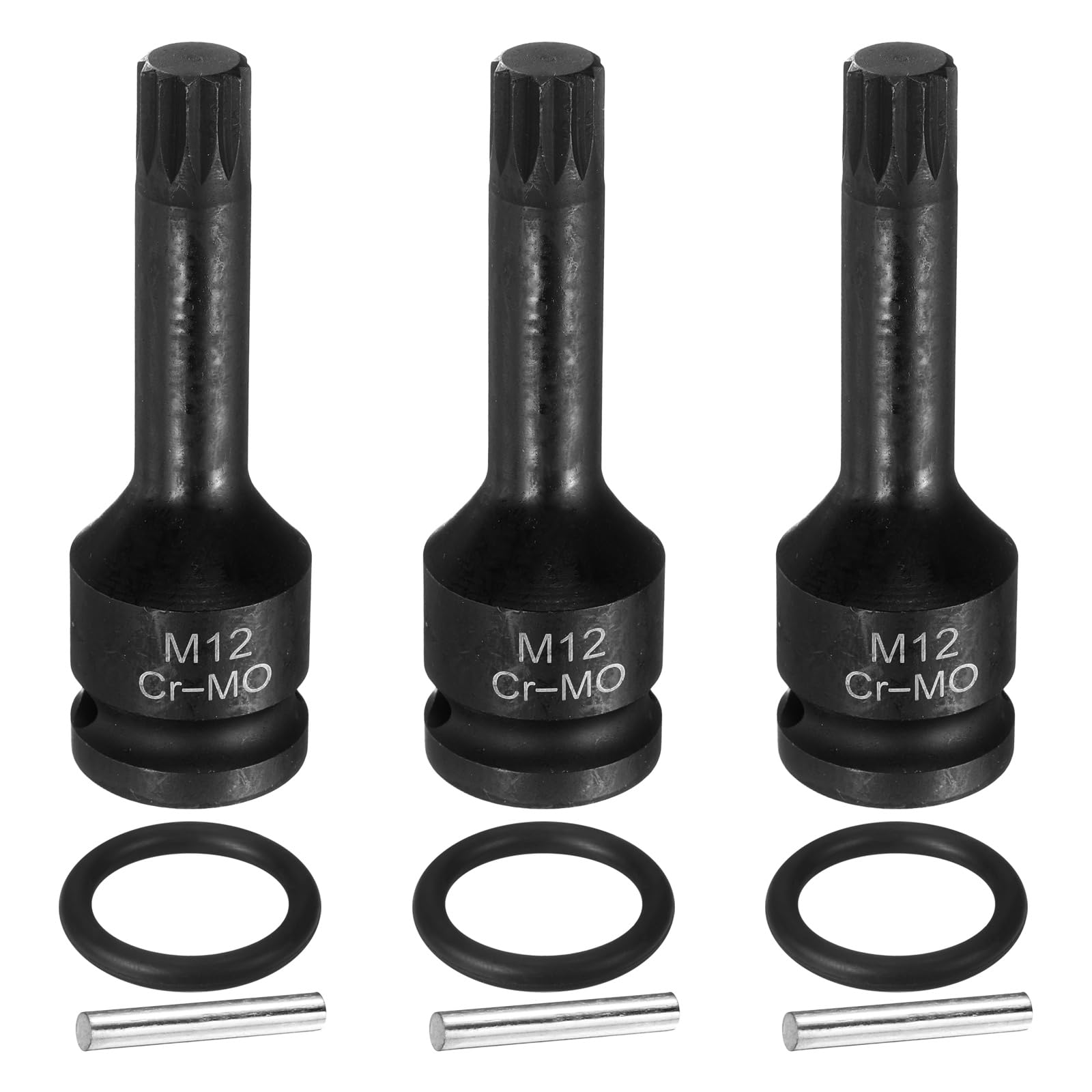 sourcing map 3pcs 1/2" Drive M12 Triple Square Impact Spline Bit Socket 12mm CR-MO Steel 12-Point Triple Square Sockets with Cotter Pin and O-Ring for Power Drill Drivers Adapter