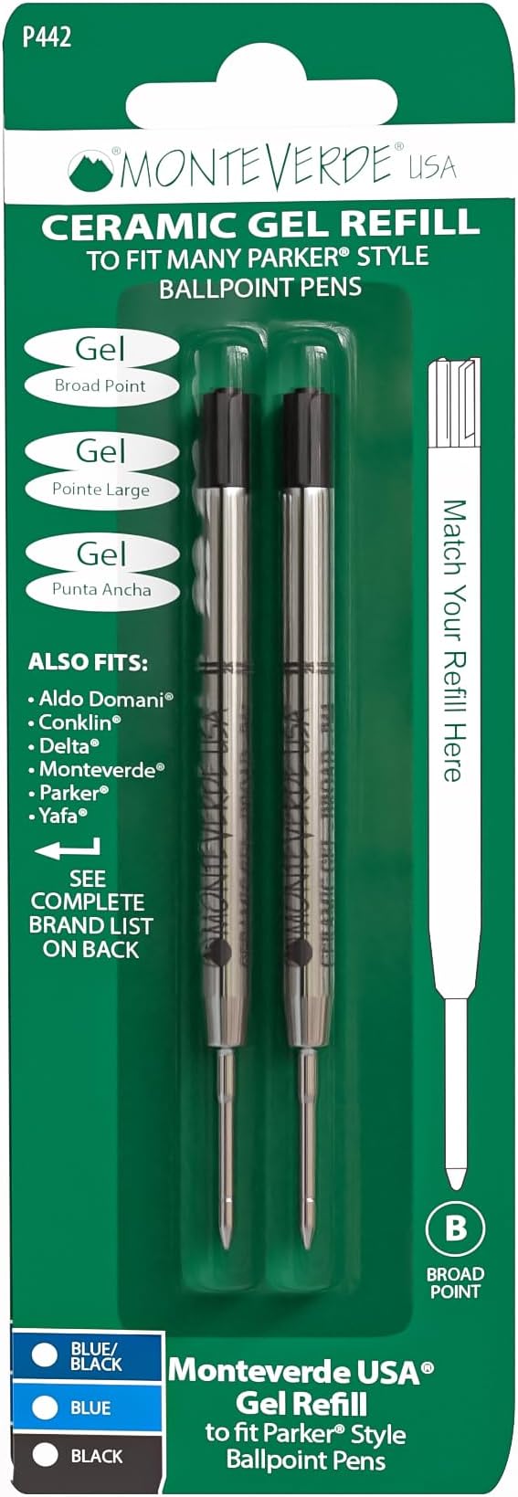 Broad Point Capless Ceramic Gel Refill for Parker Ballpoint Pens - Black (Pack of 2)