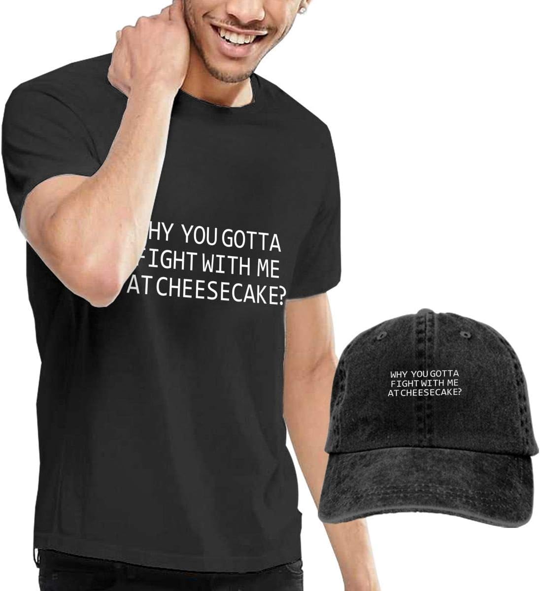 Baostic Why You Gotta Fight with Me at Cheesecake T-Shirts and Caps, Black Fashion Sport Casual T-Shirt + Cowboy Hat Set for Men