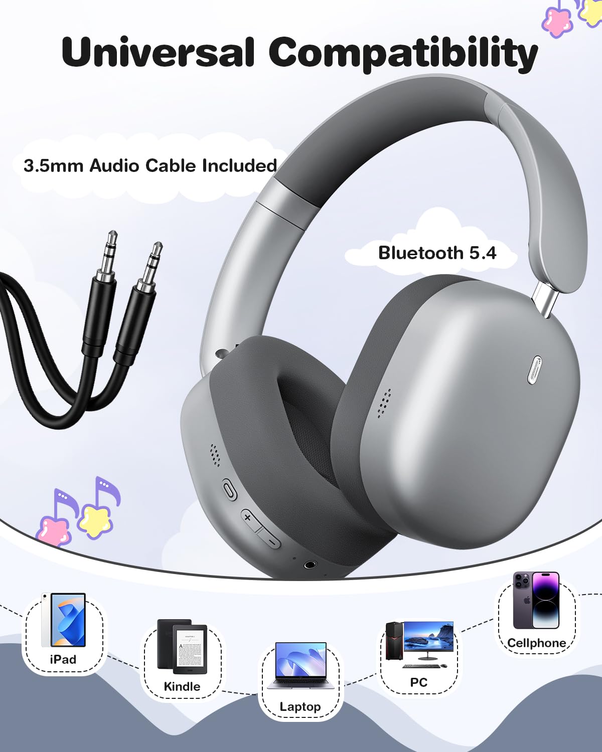 Wentronic Audífonos inalámbricos Bluetooth 5.4 para niños, plegables con modo de cable de 3.5 mm, límite de volumen seguro, tiempo de reproducción de 48 horas, llamadas claras, sonido HD para niños