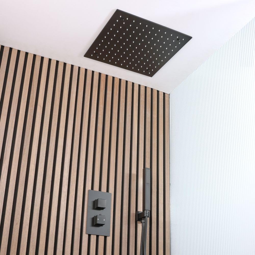 Milano Black Preto Thermostatic Mixer Valve 400Mm Recessed Shower Head Handset