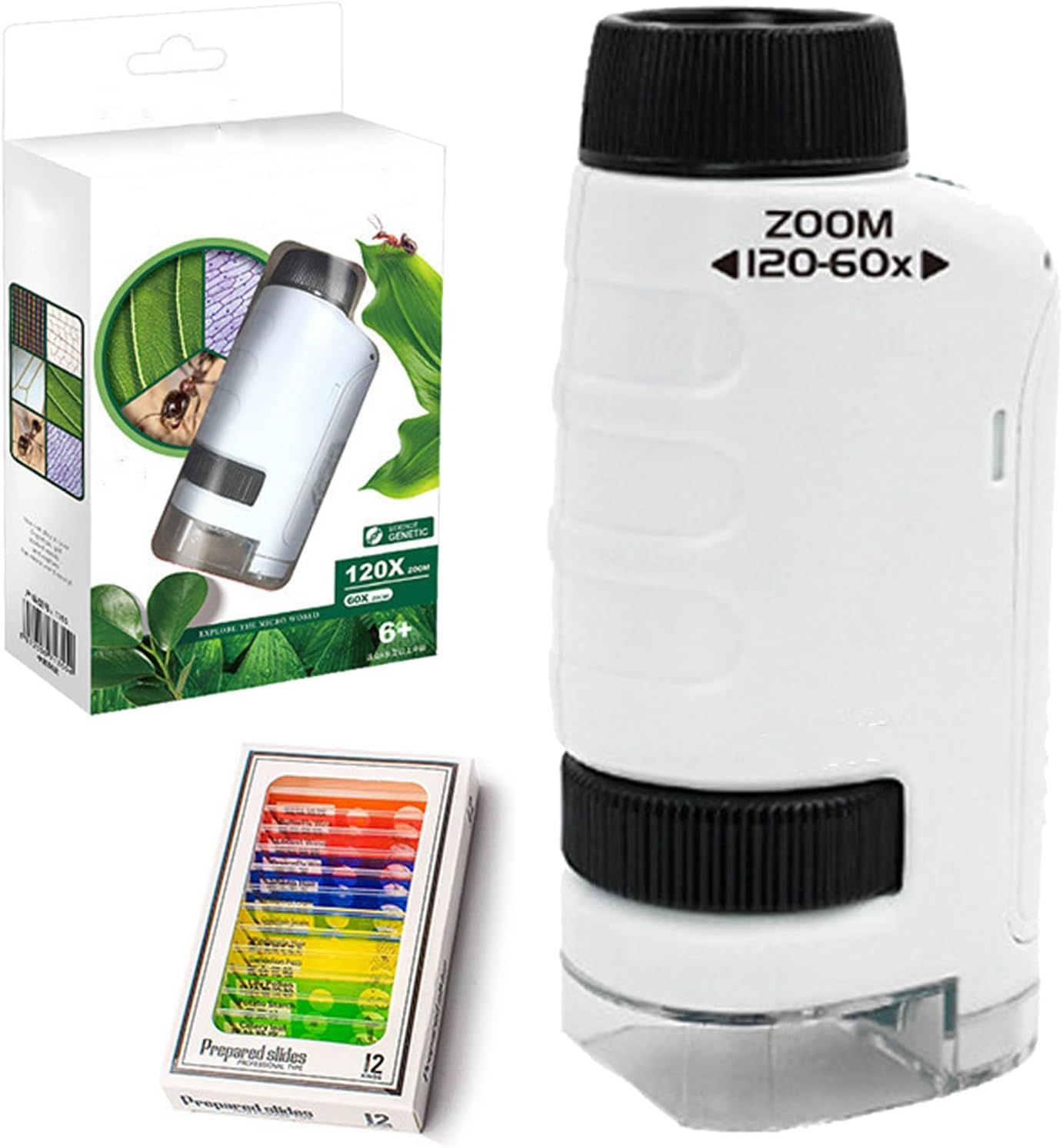 Portable Pocket Microscope, Handheld Microscope for Kids with LED Light, 60x-120x Magnification & 12 Specimen Slides (White+Blue)