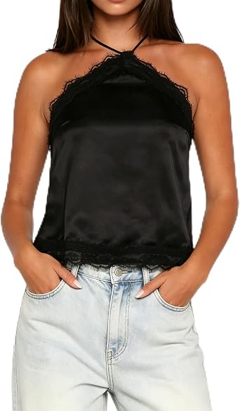Women Satin Lace Halter Top Y2K Cami Silk Sleeveless Tank Cami Shirt Sexy Cute Summer Going Out Tops