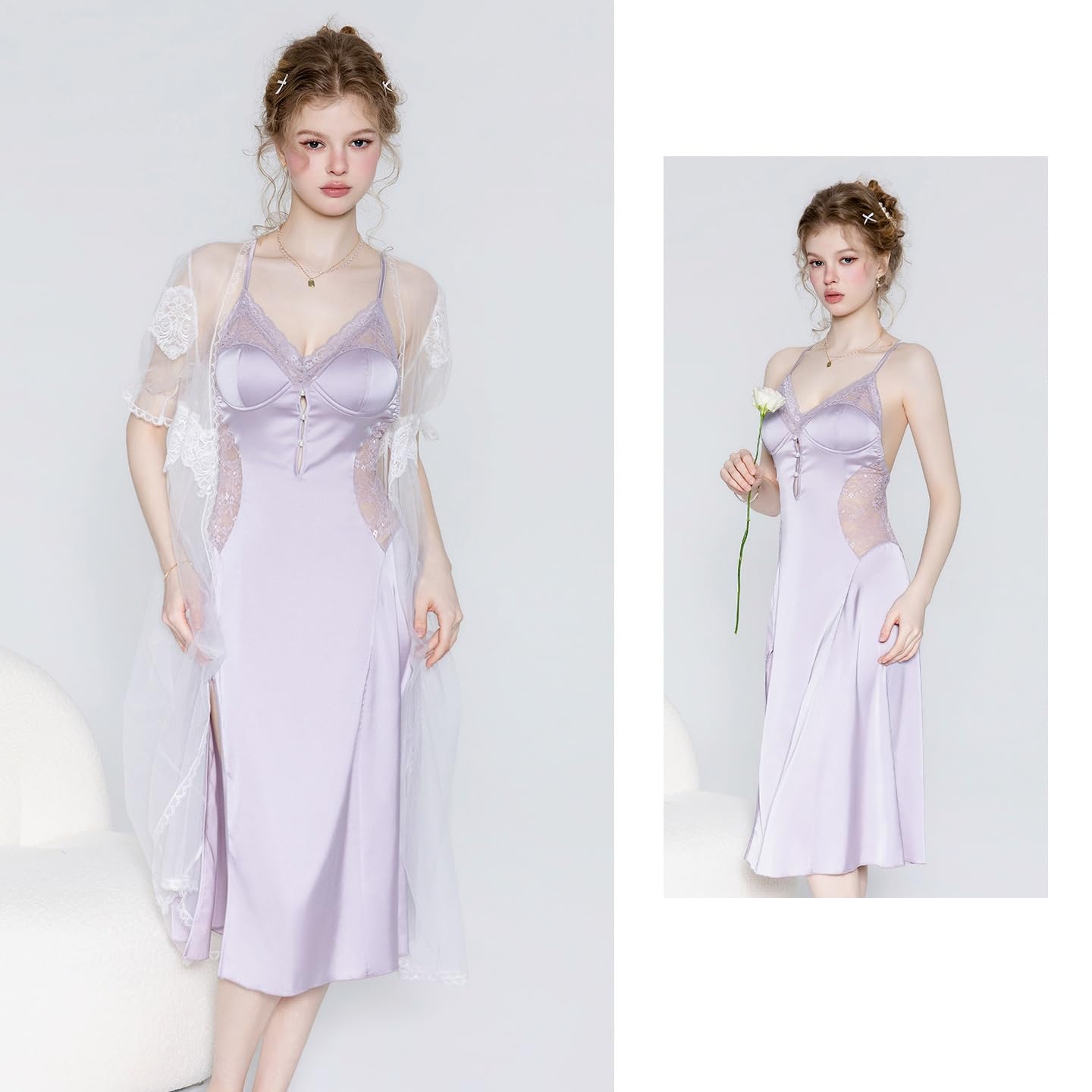 Bata Sexy Mujer Conjunto De Camisón/Bata Transparente con Top Halter De Satén, Aberturas, Cintura Ajustada Y Detalles De Perlas.