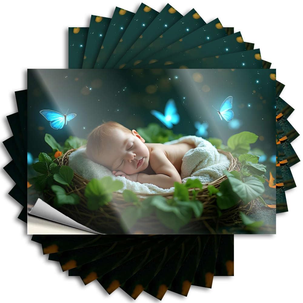 Aesthetic Decal Durable Hard | A Baby Sleeping Peacefully in A Nest Surrounded By Glowing Butterflies. Tall Self Adhesive Sticker for Fall DIY(12X18CM)