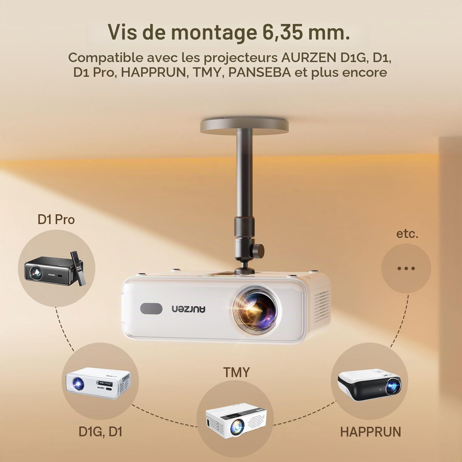 Aurzen Support Plafond pour projecteur, Rotatif à 360° et inclinable à 90° | Réglable de 9 à 15", vis 6,35 mm, compatible avec la plupart des projecteurs, dont Aurzen, Epson et Yaber.