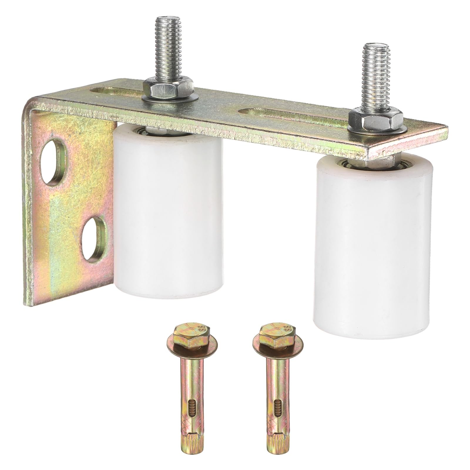sourcing map 1 Set Slide Gate Guide Roller, 44mm L-Rear Post Bracket Nylon Rollers Gate, Adjustable Sliding Hardware Roller Kit for Sliding Grates Barn Rolling Door 42mm Dia, White