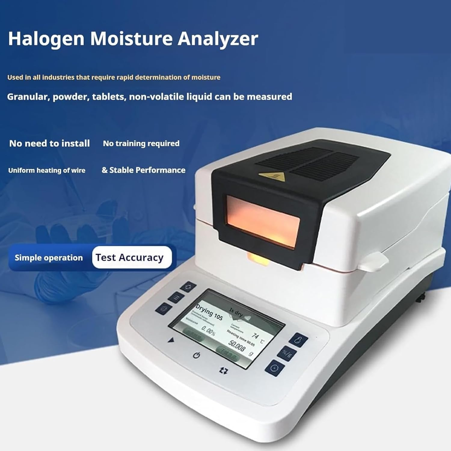 110g Halogen Moisture Analyzer, Digital Moisture Analyzer Tester with LCD Touch Screen, Reading Accuracy: 0.005g/0.002g/0.001g Selectable, for Food, Grain, and Chemical Applications