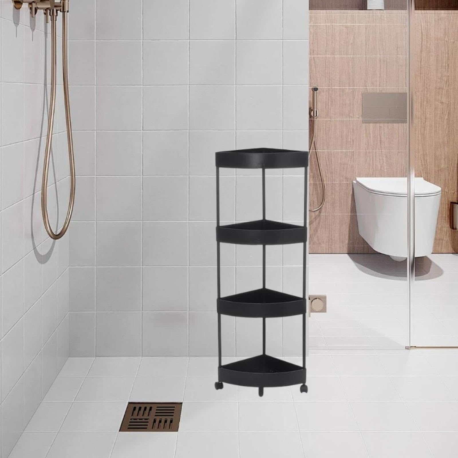 Mensola Angolare Su Piedini con Ruote, Antiruggine, per Bagno, Cucina, Esposizione, Scaffale Portaoggetti, Nero a 4 Livelli