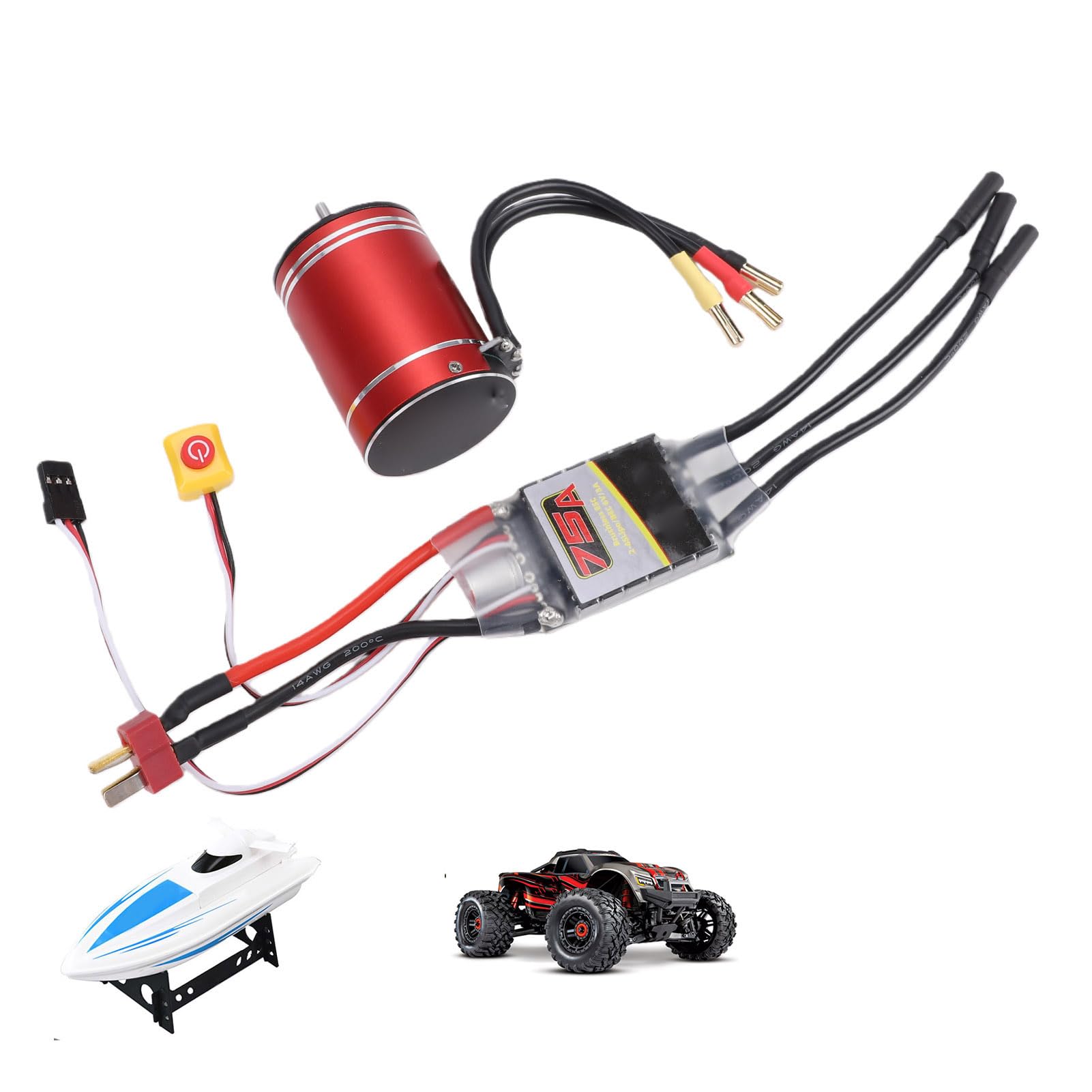 Fockety Zestaw Hobby RC Silnik Bezszczotkowy ESC, Wodoodporny Silnik Bezszczotkowy 3650 3400KV i Zestaw ESC 75A do Samochodów Zdalnie Sterowanych 1/10 1/8, Ciężarówek, Łodzi