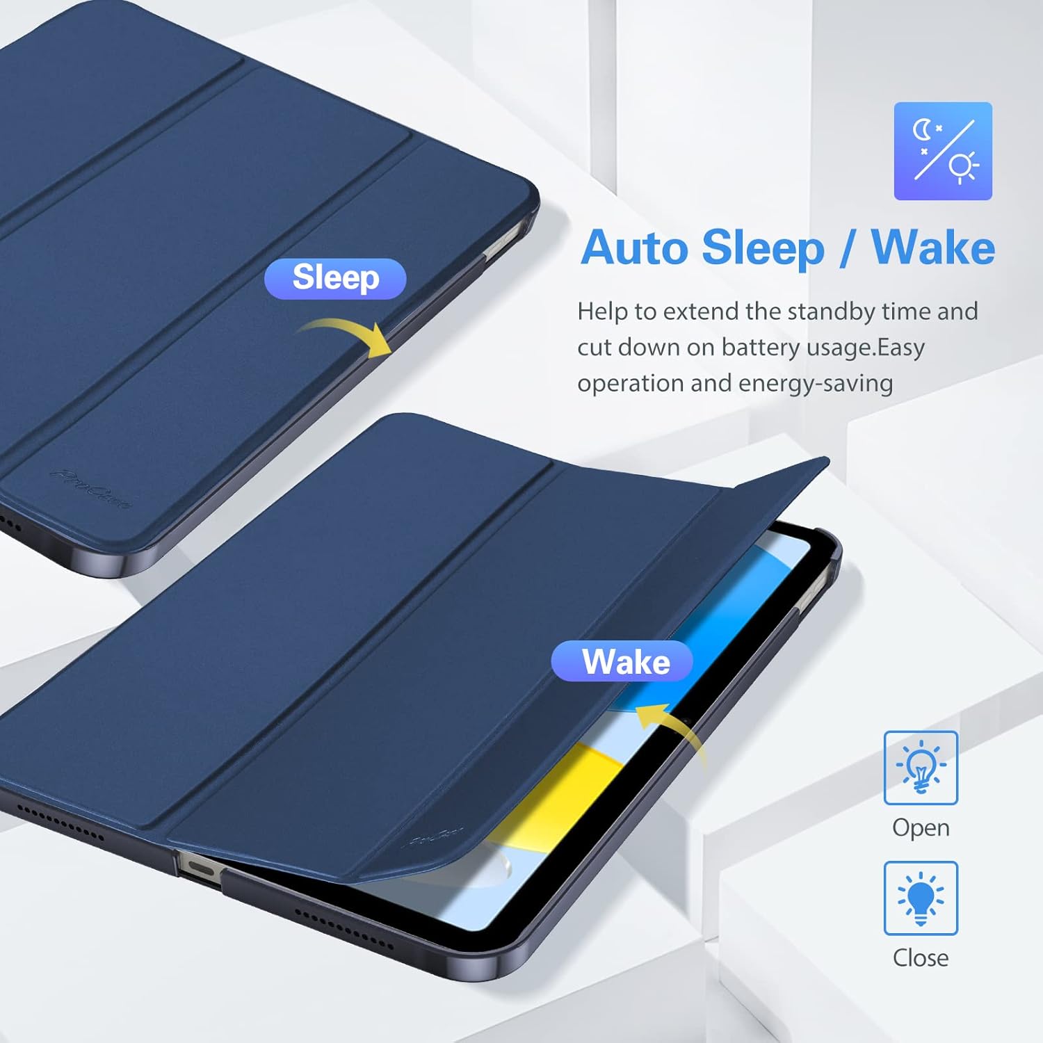 Image demonstrating the auto Sleep/Wake function of the ProCase Smart Cover.