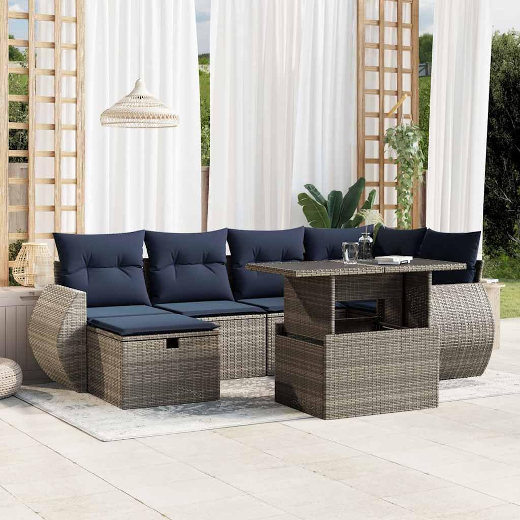 Set Divani da Giardino 7 pz in Rattan PE con Cuscini Blu Navy per Terrazza, Balcone, Patio, Veranda, Lounge, Relax, Pranzo, Ideale per Ospiti e Famiglia