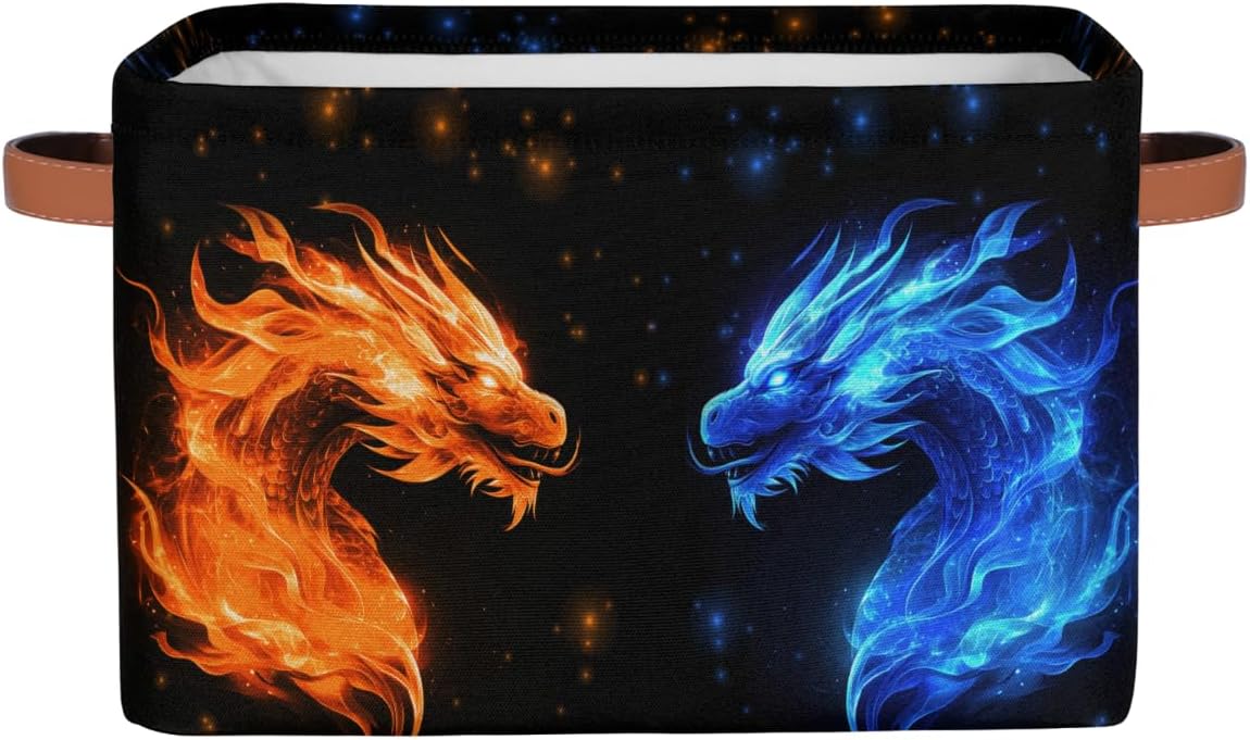 Rectangle Storage Basket with Handles, Cube Organizer Bins for Shelves Collapsible Toys Storage Box Clothes Baskets for Nursery Home Kids Room(Dragon)