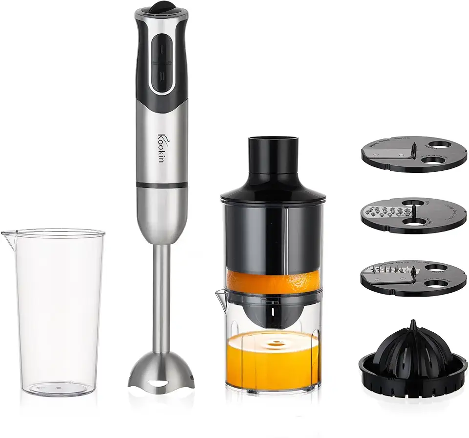Mixer de Mão Portátil 8 Velocidades 800W Inox KOOKIN Multifuncional com Espremedor de Frutas e 3 Discos de Corte, Lâminas Aprimoradas em Aço Inox 304 - Prepara um Copo de Suco de Laranja em 30s