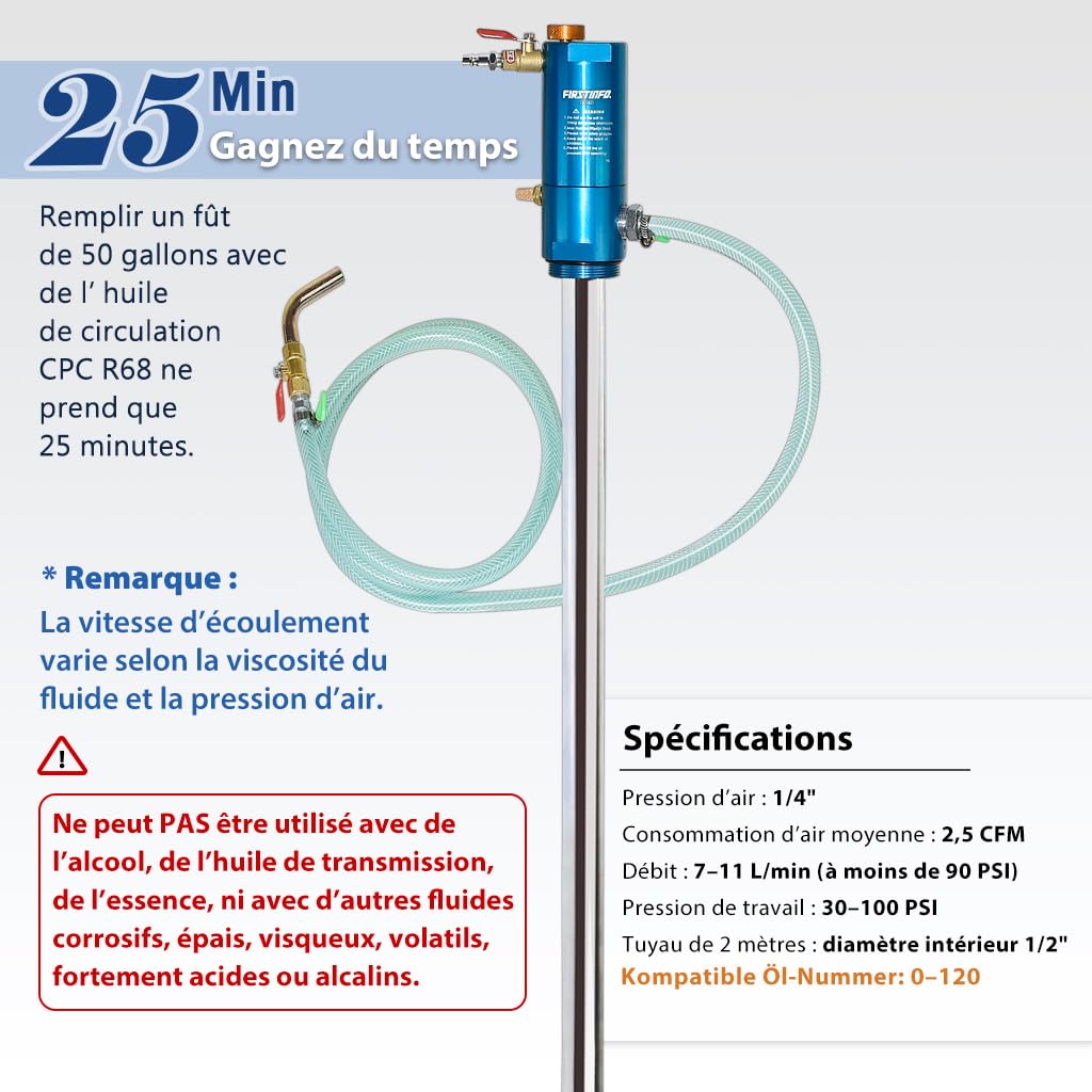 FIRSTINFO Pompe Pneumatique pour Fût d’Huile 200L, Pompe 1:1 Haute Viscosité, Distributeur d’Huile pour Réservoirs Ouverts, Compatible Huile Moteur et Transmission, A1182EU
