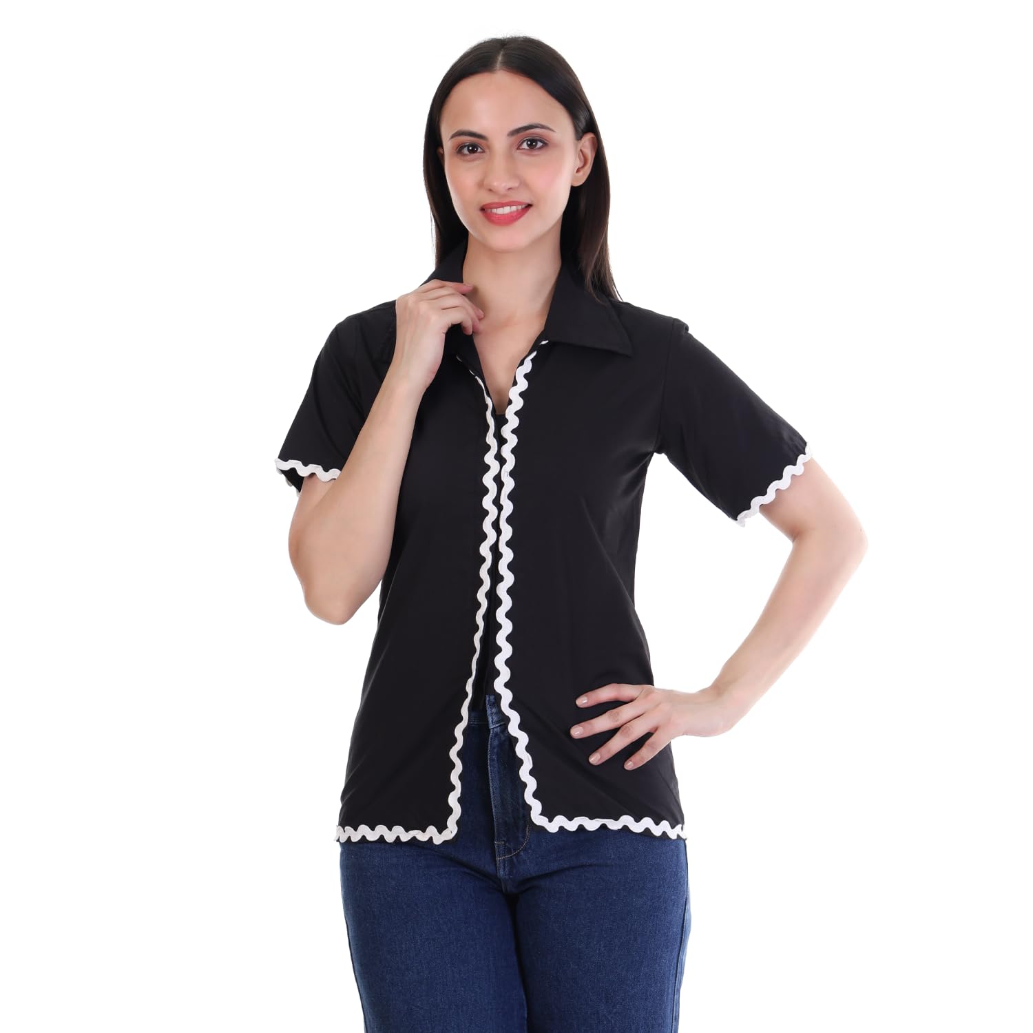 yesten Women’s Cotton Lace Top White & Black – Regular Fit Non-Stretch Shirt Neck Half Sleeve Casual Office Top for Women S to XXL-picture-27