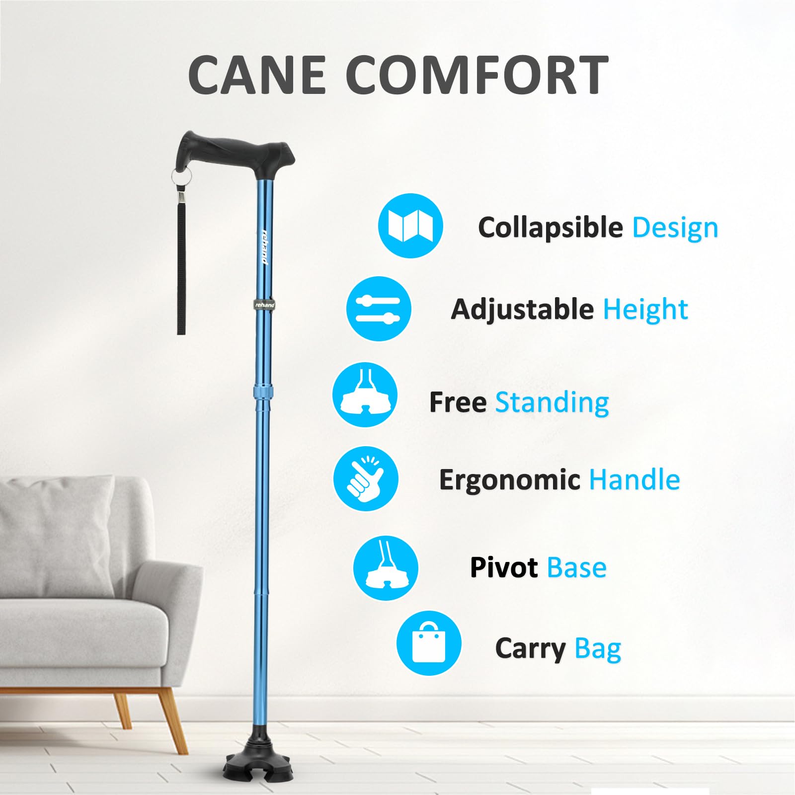 Rehand Bastone da passeggio per uomini e donne, pieghevole, regolabile, leggero, autoportante, con impugnatura morbida, con borsa da viaggio, bastone da passeggio per anziani e adulti
