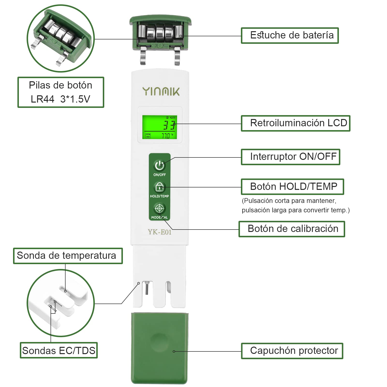 YINMIK Medidor pH y TDS Profesional 4 en 1 Digital Calidad del Agua con ATC