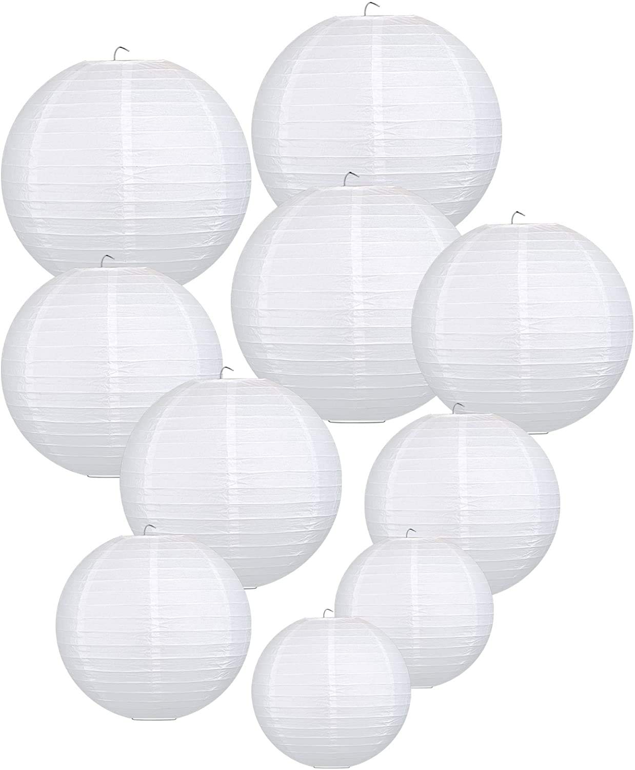 R Group16 PCS Paper Lanterns, Round White Paper Lantern with Wire Ribbing, Different Sized White Lampshades, 6" 8" 10" 12" Paper Lampshades for Weddings, Parties, Patios and Rooms(White)