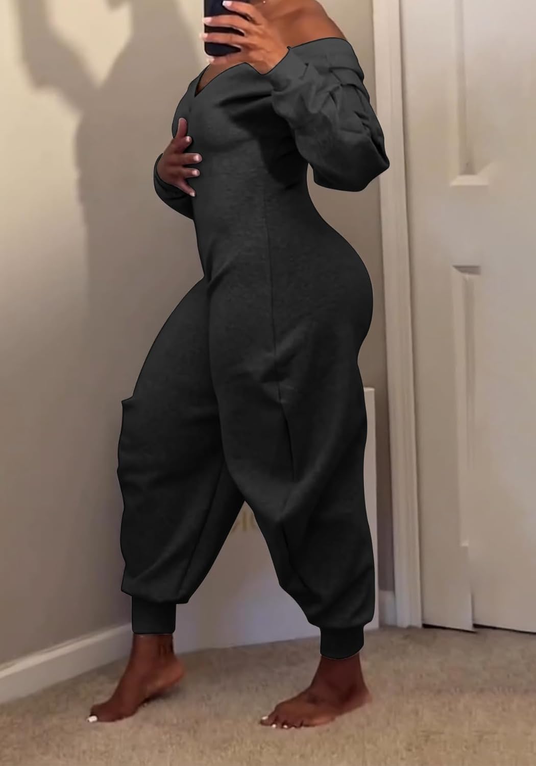 Womens Sexy Solid Color Jumpsuit Comfy V Neck Off Shoulder Long Sleeve Wide Leg Romper Baggy Club Sweatsuit Outfit - Image 6