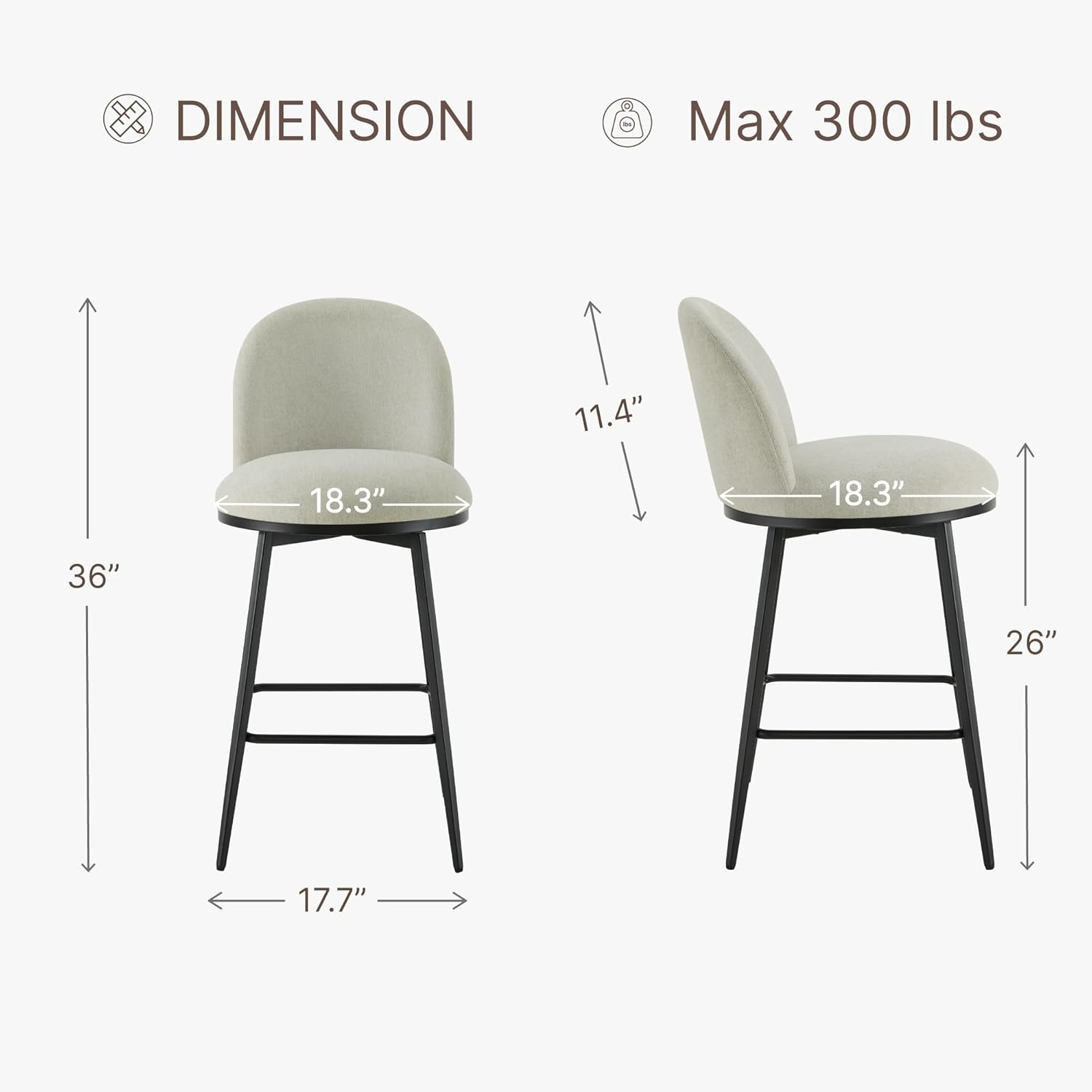 26" Counter Height Swivel Bar Stools Set of 2, Upholstered Linen Fabric Barstools with Backs and Metal Legs for Kitchen Island,Grey