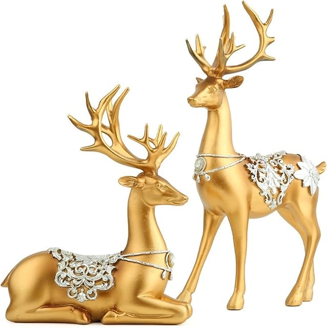 FIERMAYLE Nordic Christmas Reindeer Figure Ornaments, Geometric Resin Sitting Standing Elk Deer Statue for Home Office Decoration, Pack of 2 (A-Gold-2pcs)