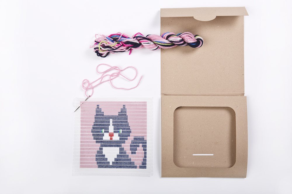 Sozo - Colorful DIY Needlepoint Embroidery Craft Kit for Beginners. Eco Friendly Package That Turns into a Display Frame, Easier Than Cross Stitch. Size - 8” x 8” (Dark Kitten)