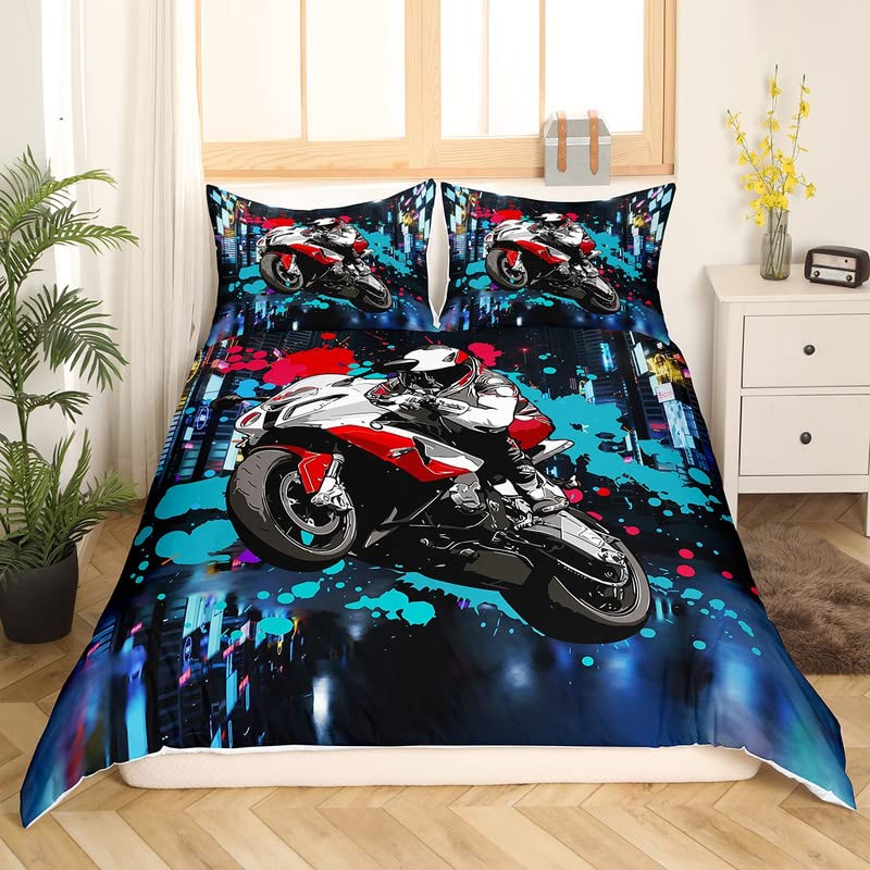 Blue Graffti Dirt Bike Bedding Set for Girls Boys Racing Motocross Rider Comforter Cover Extreme Sports Duvet Cover Motorbike Bedspread Cover King Size 3Pcs - Image 2