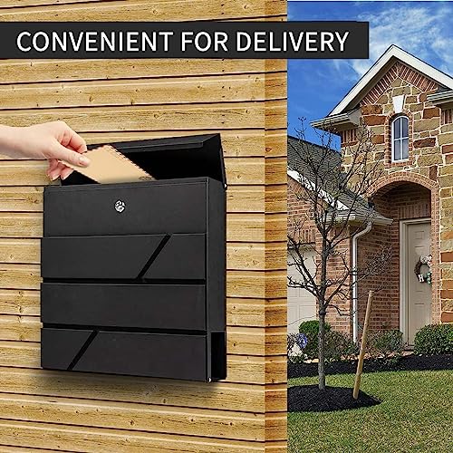 Image of Wall-Mount Mailbox with Lock and Keys, Locked Drop Box for House Outside, Security Steel Metal Mail Box with Newspaper Compartment, 14.57 x 14.57 x 4.33 Inch, Black, MD025 X-Large