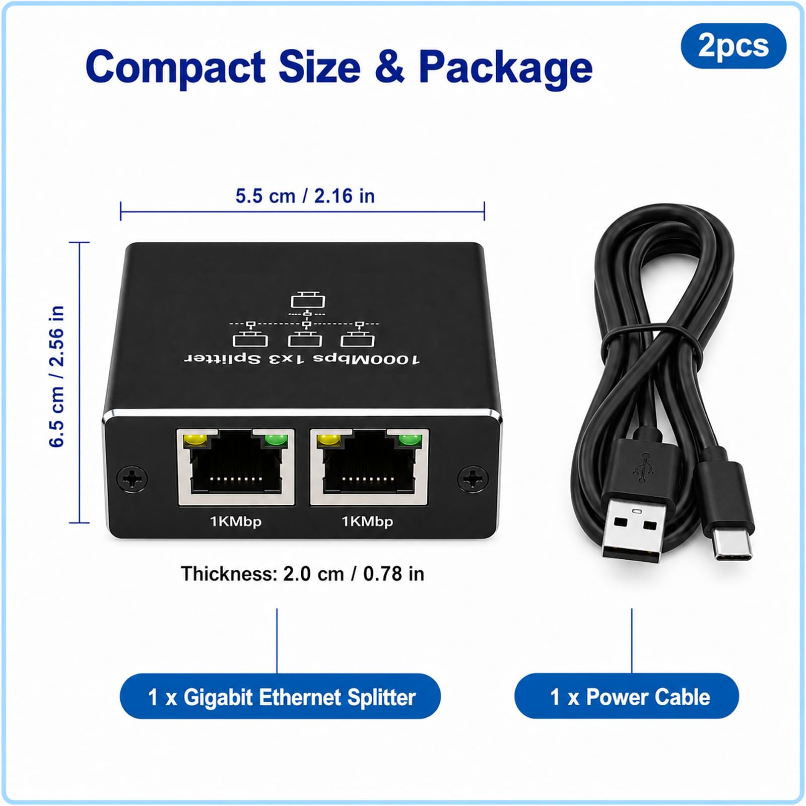 LAN Switch 1 Auf 3, LAN Splitter 1 auf 3 1000Mbps Gigabit Ethernet Verteiler mit Aluminiumgehäuse, RJ45 Splitter USB-C-Stromversorgung Computer, Router, Set-Top Box, Homeoffice, Büro, kompakt tragbar