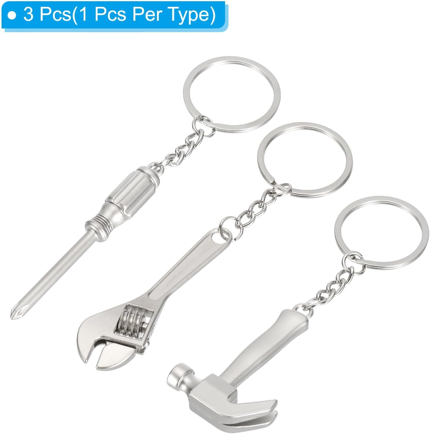 Mini Hand Tools Keychain, 3 Pack Metal Hardware Wrench Tool Keyring DIY Creative Tool Spanner Pendant for Screwdriver Hammer Claw Keychain, Silver