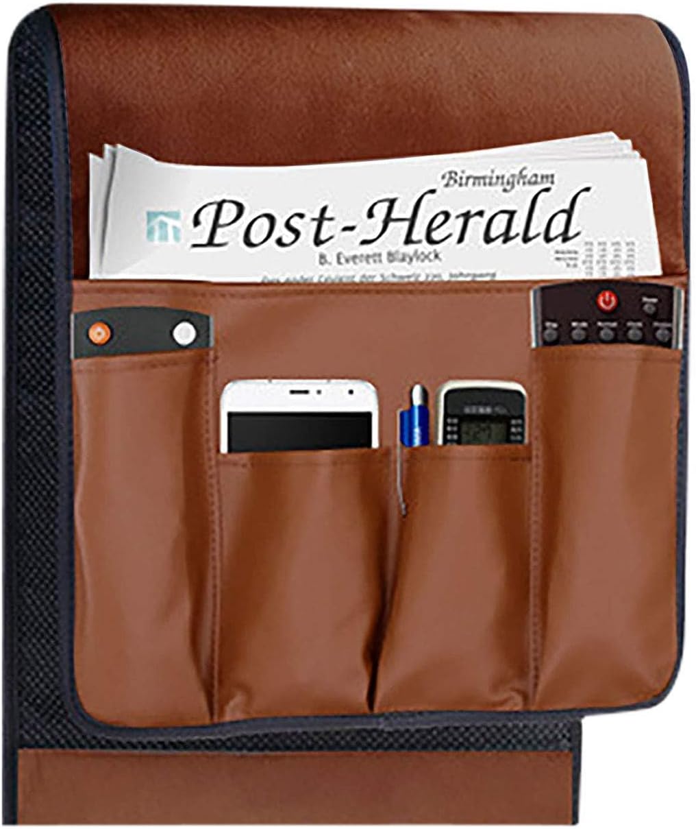 Double Layers Sofa Armrest Organizer Couch Remote Holder Armchair Recliner Bedside Caddy with 6 Pockets for Magazines, Books, TV Remote Control, Phone, Glasses (#A2-Brown(leather))
