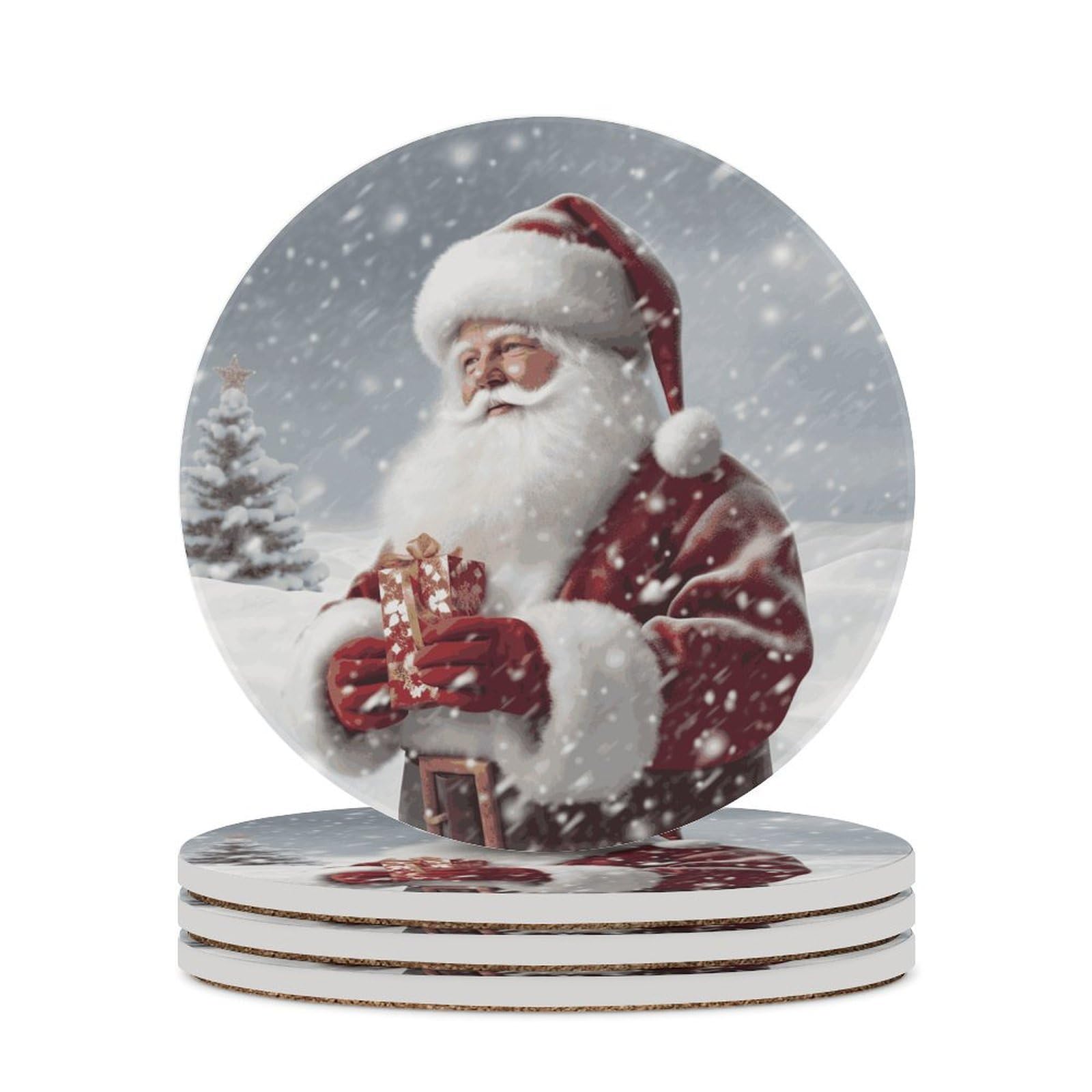 Khauerbc Style Santa Claus Snow Secenry Drink Coasters With Holder For Coffee Table,Ceramic Coaster With Cork Base,Ceramic Stone Coaster For Iced Cold Or Hot Drinks,4.1 Inches