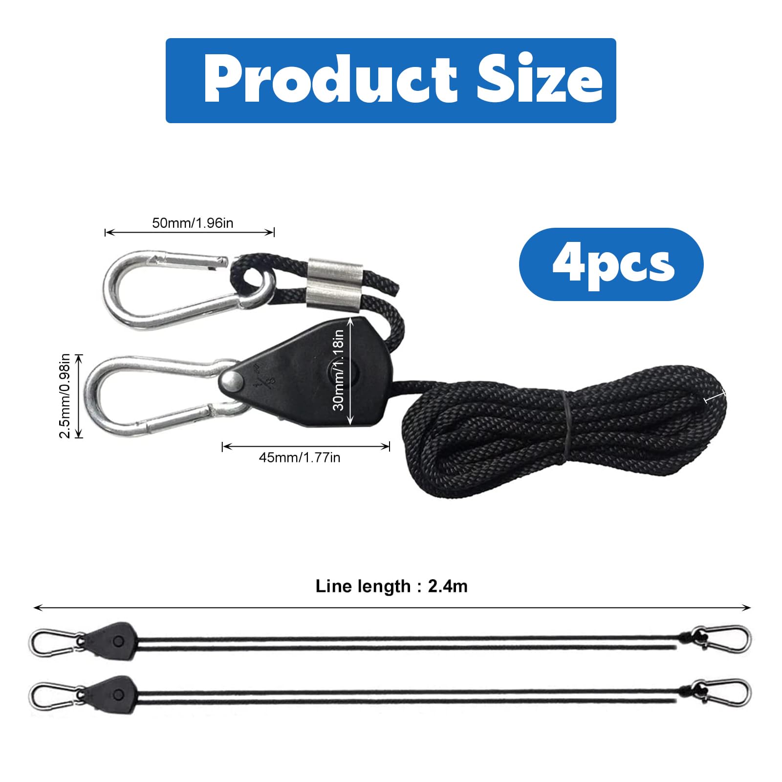 4 Cordes à Cliquet Vueinrg Avec Crochets - Réglables 1.83m, Charge 68kg/paire Pour Suspension