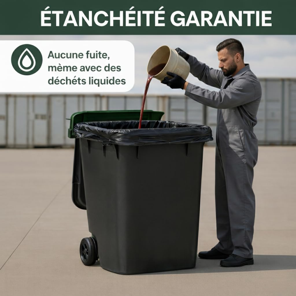 BaBag | Sac Poubelle Conteneur 2 Roues 240 L x 100 | Épaisseur 30 Microns | Housse de Protection Professionnelle Noire | Étanche & Anti-Odeur | 600x1300x580 mm | Sac 100% Recyclé | Lot de 100 Sacs