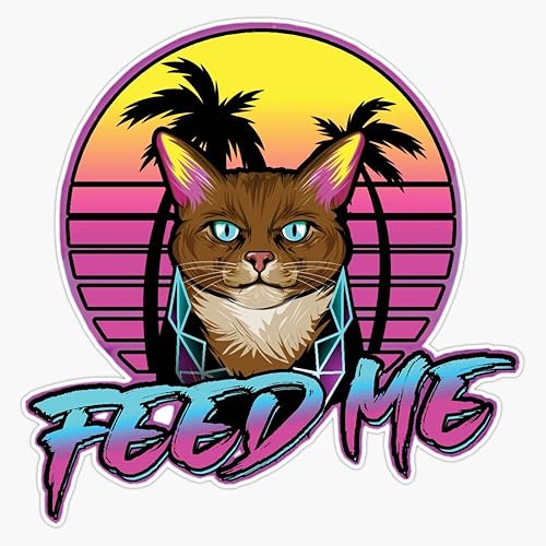 Synthwave - Calcomanía de vinilo para parachoques de 5 pulgadas, diseño de gato necesita comida