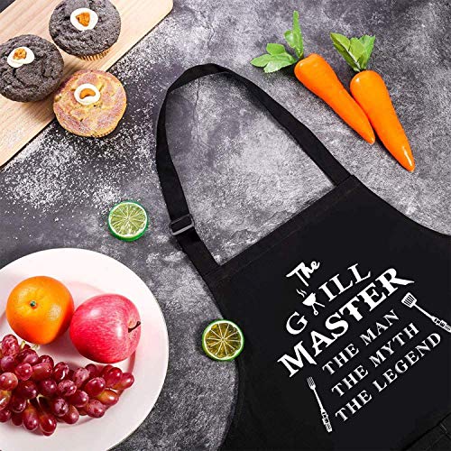 Rosoz Funny Aprons for Men - The Grill Master, The Man The Myth The Legend - Cooking Grilling BBQ Chef Apron for a Husband, Dad Gifts, Waterproof Oil Proof Black Apron with 2 Pockets