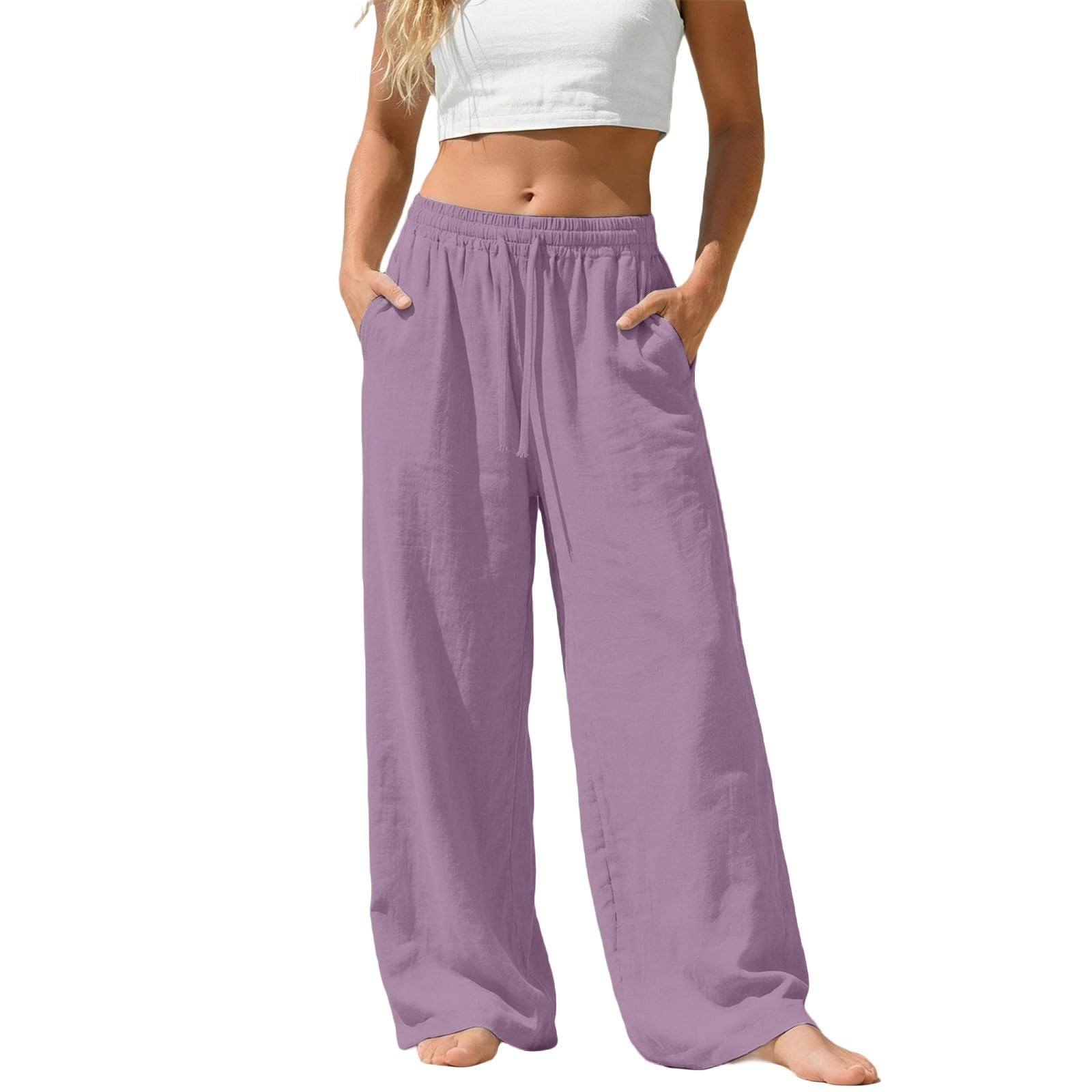 Mobanna Sommerhose Damen Leicht, Leinenhose Damen - Leichte Sommerhosen Lang Sommer Palazzo Weite Bein Hosen Stoffhose Große Größen Weites Pants Einfarbig Baumwolle Leinen Strandhose Mit Taschen