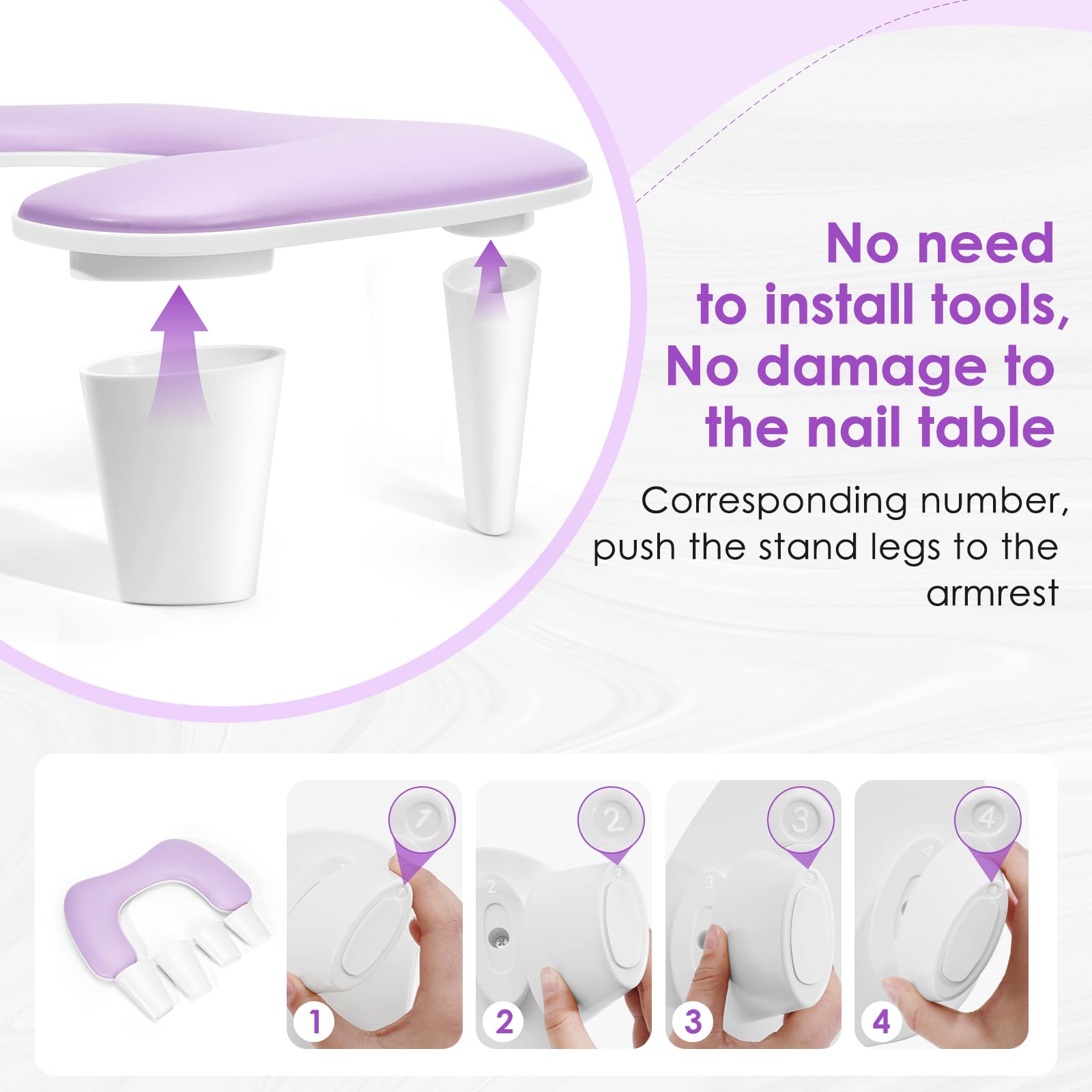 LIONVISON Reposabrazos para Nail Techs en forma de U, cómodo cojín de almohada para manicura, reposabrazos de piel sintética para tecnología de arte de uñas acrílicas, instalación rápida, color morado