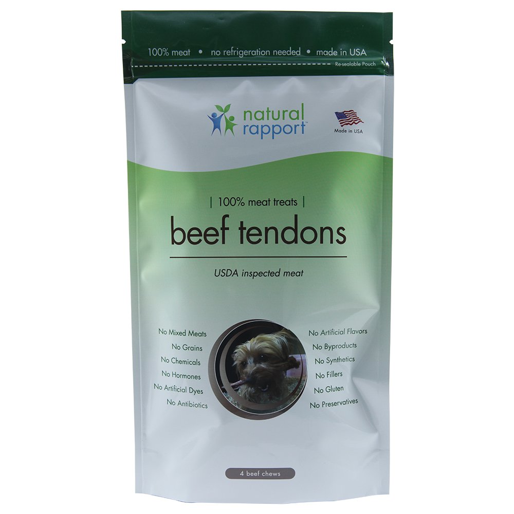 Natural RapportBeef Tendon Dog Treats - 100% Beef - Made in USA - Longer lasting, odor-free dog chews - 4-count larger 8" tendons
