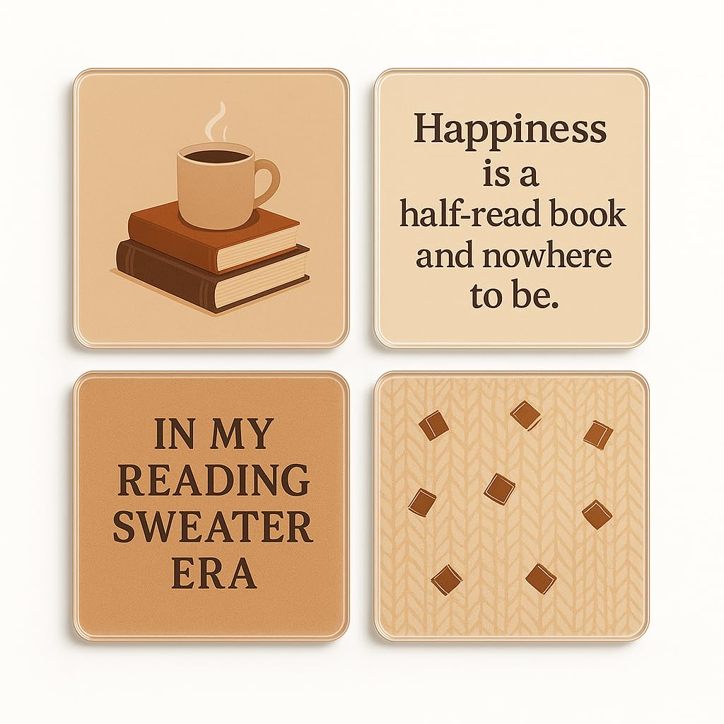 The Plum Penguin Cozy Book Nook Acrylic Coaster Set Of 4 With Literary Warmth Design - Book Lover Bookish Gift Home Decor & Gift For Reading Enthusiasts