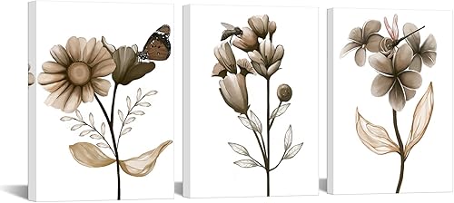 sechars 3 piezas de lienzo de flores para pared, pintura floral marrón, impresiones artísticas transparentes con imagen de mariposa, arte moderno