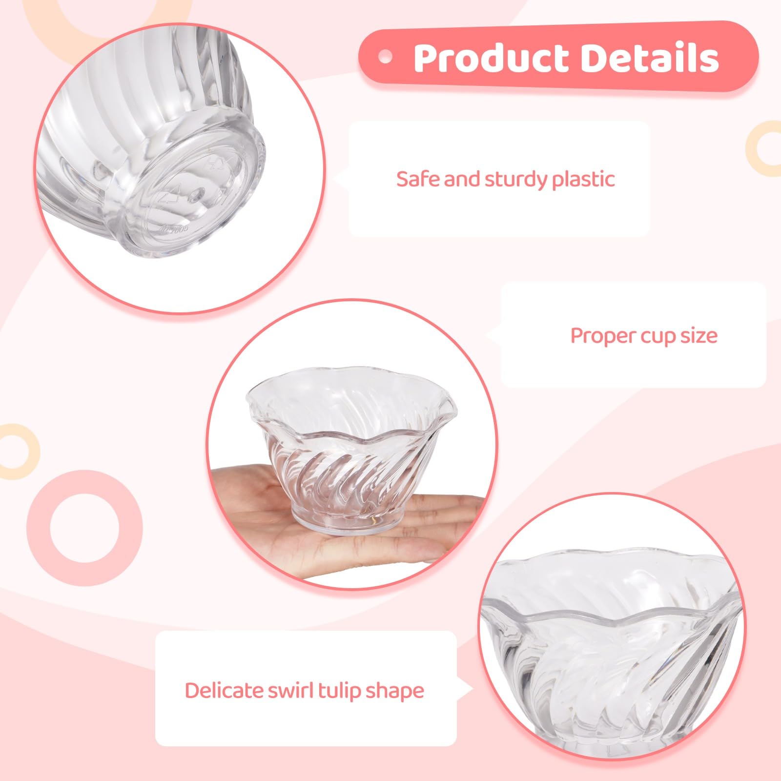 Homaisson Paquete de 32 vasos de postre de plástico de 6 onzas, mini cuencos de helado, remolino transparente, en forma de tulipán, cuencos de degustación de Sundae, tazas redondas para servir bufé,