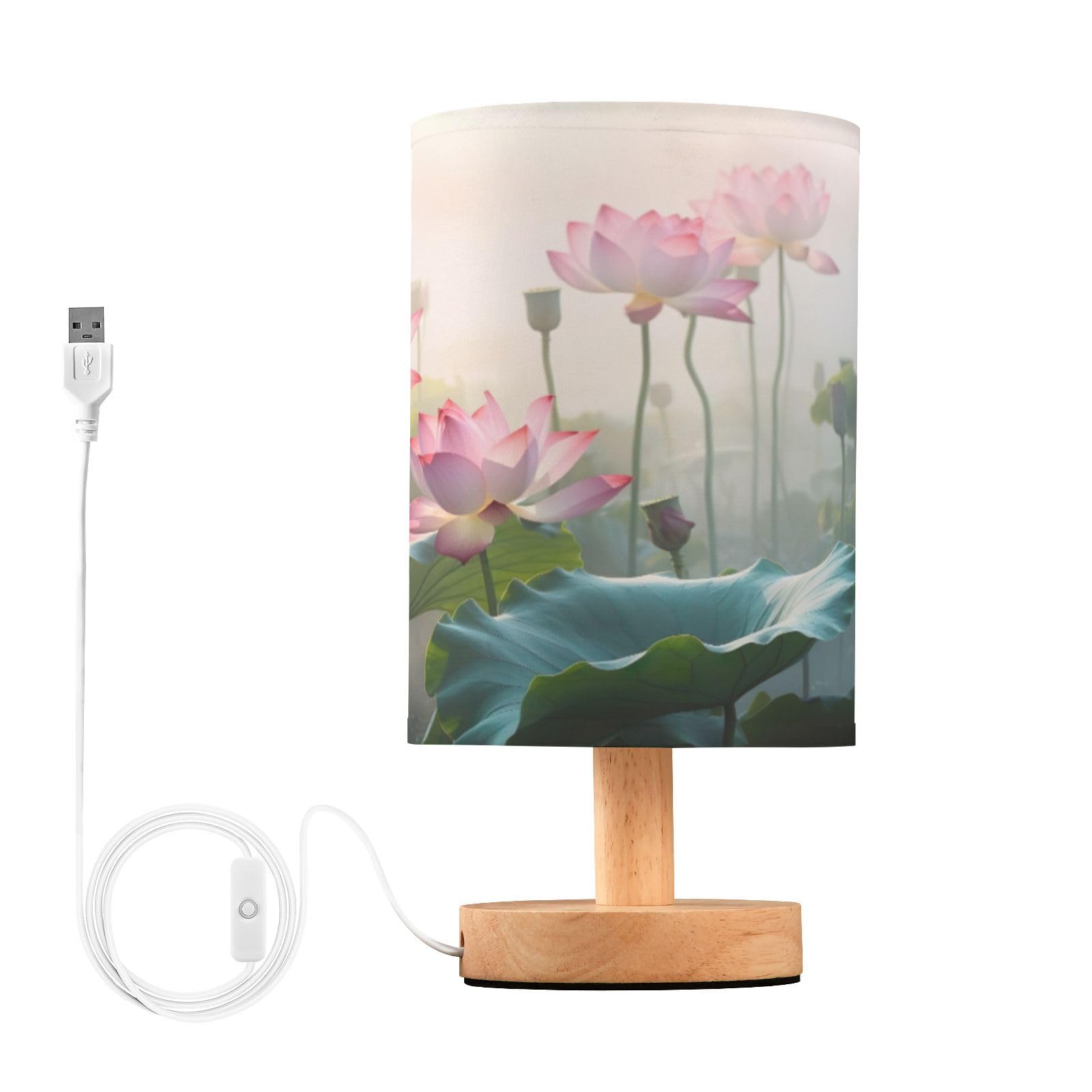 SDMKA Lotus Plants Bedside Table Lamp for Bedroom, Minimalist Nightstand Lamp with Round Fabric Shade for Living Room, Office, No Bulb Required