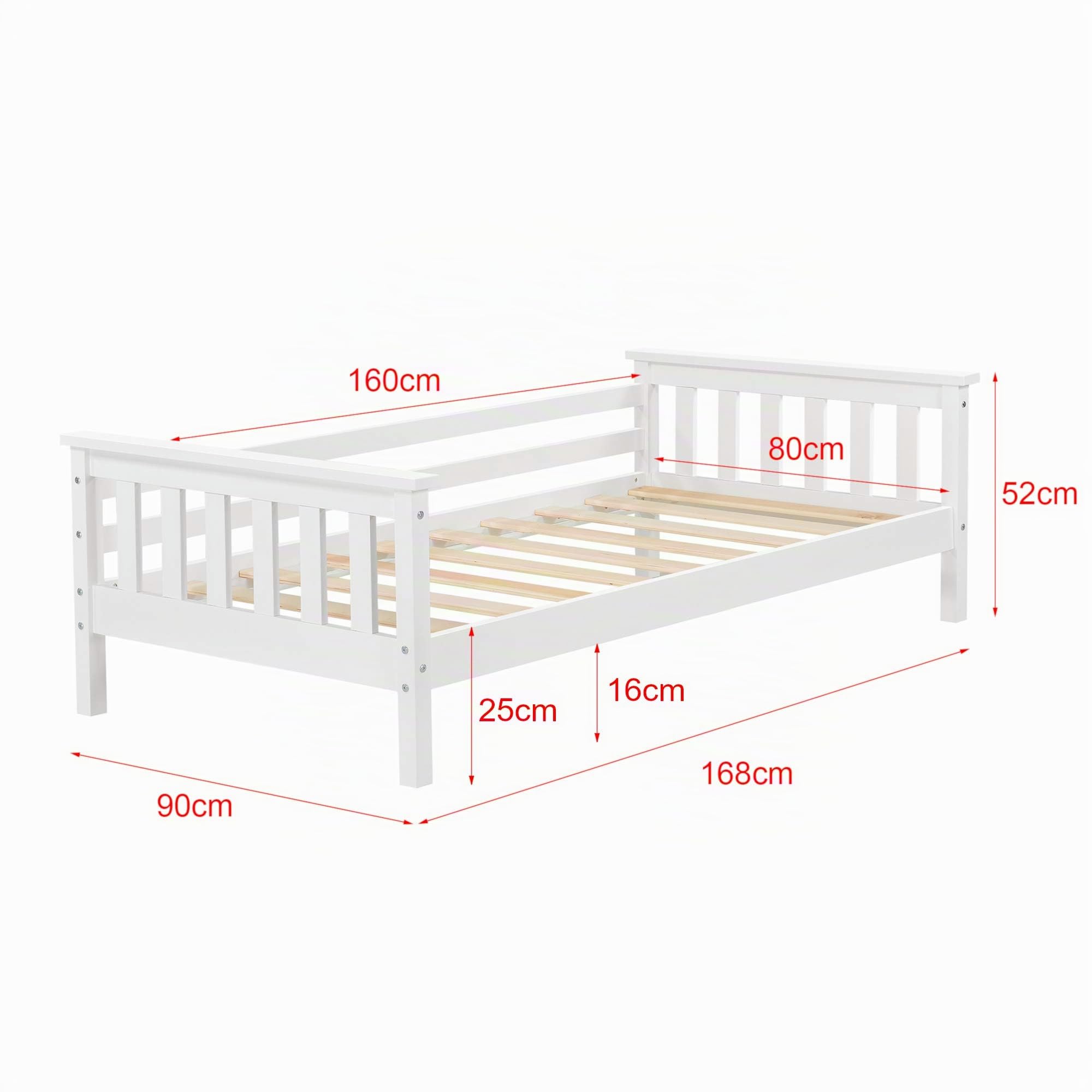 [en.casa] Struttura Letto per Cameretta Bambini Letto in Legno di Pino con Barre Protettive Testiera e Pediera Zona di Riposo 80x160 cm Bianco
